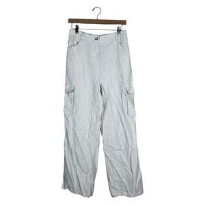 HG Linen Blend Cargo Pants Solid Wide Leg Beige Coastal Utility Size L